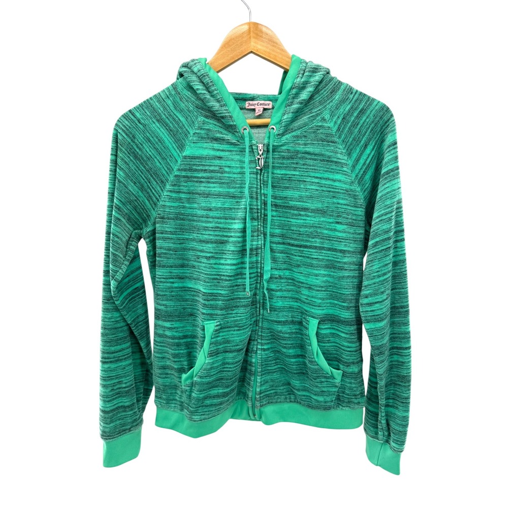 Juicy Couture Green Velour Zip Hoodie Crest Rhinestone Logo Y2K Tracksuit M